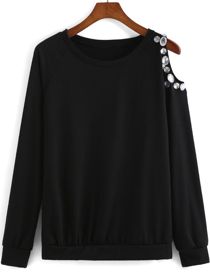Shein Black Round Neck One-shoulder Rhinestone T-shirt
