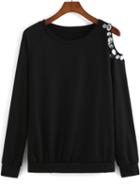 Shein Black Round Neck One-shoulder Rhinestone T-shirt