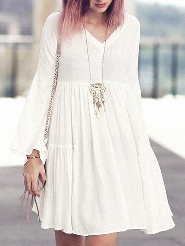 Shein Beige Bell Sleeve Pleated Dress