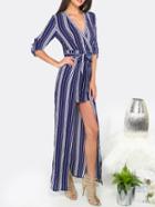 Shein Navy Stripe V Neck Tie Waist Overlay Jumpsuit