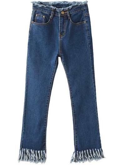 Shein Blue Pockets Fringe Denim Pants