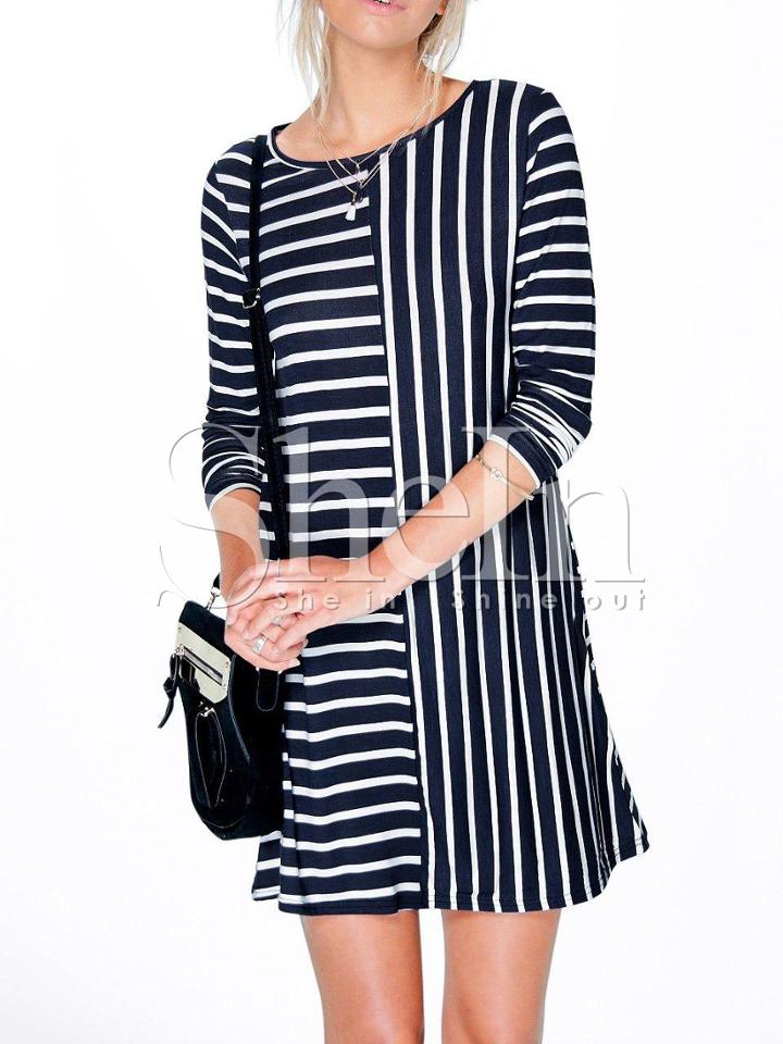 Shein Navy Crew Neck Striped Shift Dress