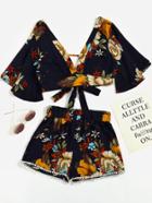 Shein Plunging V-neckline Florals Random Knot Crop Top With Shorts
