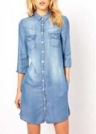 Rosewe Vogue Three Quarter Sleeve Blue Dress With Button