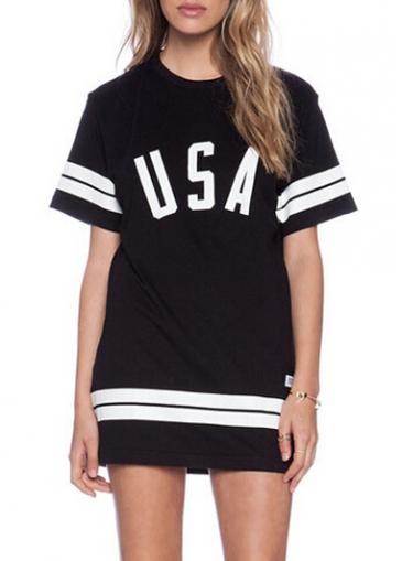 Rosewe Short Sleeve Letter Print Black Mini Dress