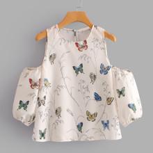 Shein Butterfly Print Open Shoulder Blouse