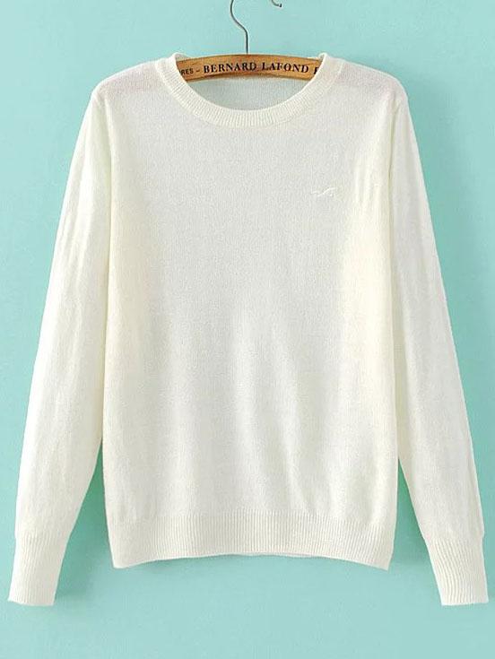 Shein White Seagull Embroidered Ribbed Trim Knitwear