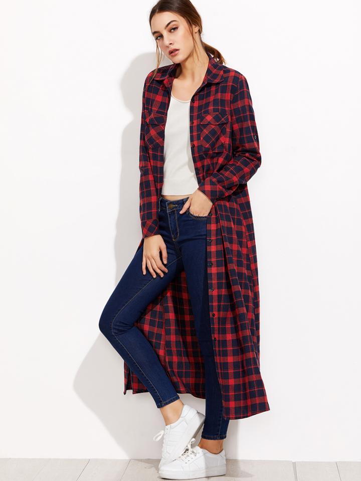 Shein Tartan Plaid Chest Pockets Longline Shirt