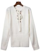 Shein White Ribbed Cuff Wide Hem Lace Up Sweater