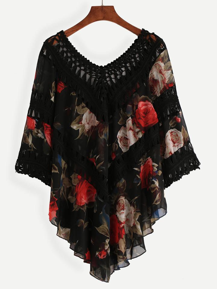 Shein Black Crochet Insert Rose Print Blouse