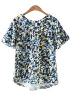 Shein Multicolor Short Sleeve Self-tie Bow Back Print Blouse