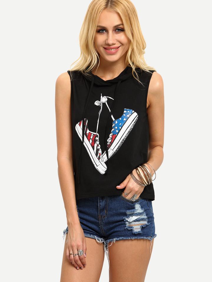 Shein Black Shoes Print Hooded Tank Top