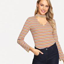 Shein Scallop Trim Striped Skinny Tee