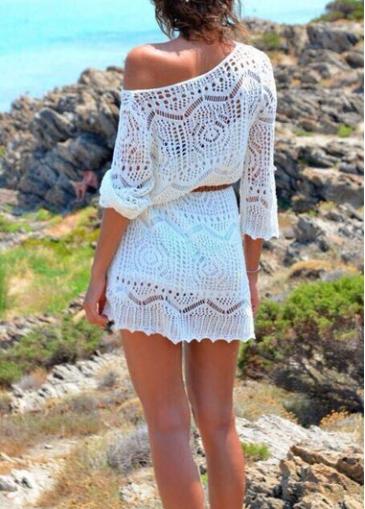 Rosewe V Neck White Knitting Pierced Beach Dress