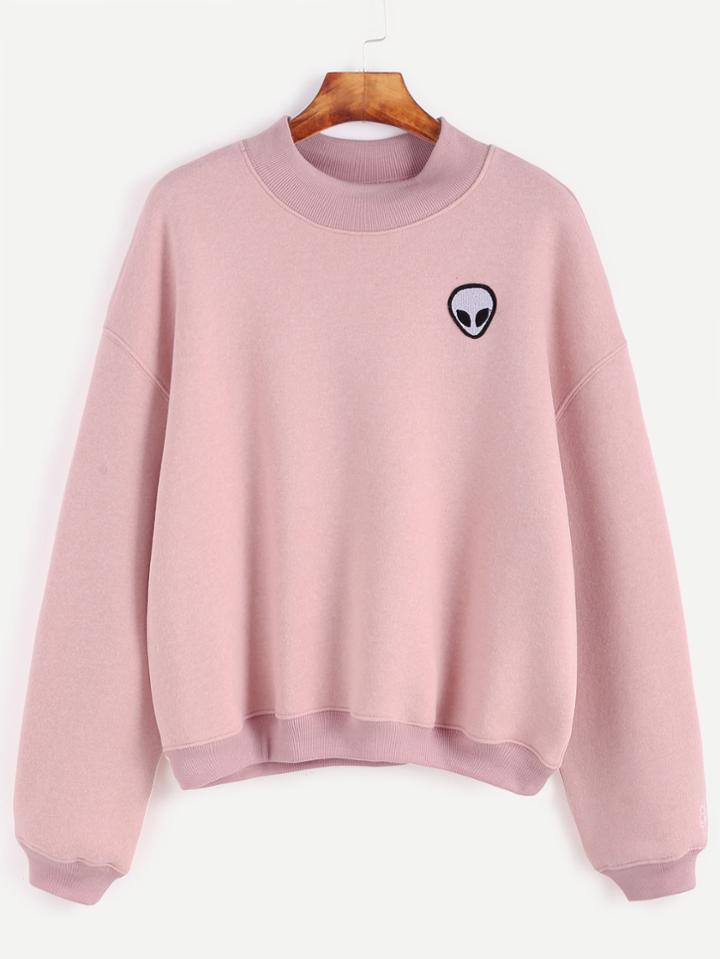 Shein Pink Drop Shoulder Alien Embroidered Patch Sweatshirt