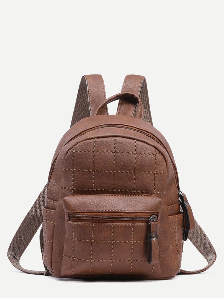 Shein Coffee Faux Leather Quilted Backpack