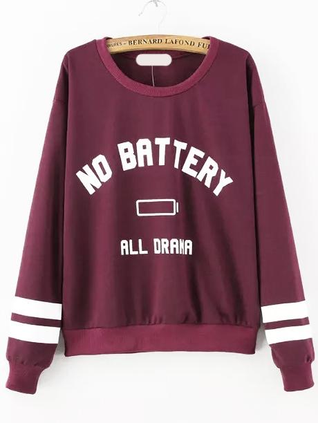 Shein Burgundy Round Neck No Battery Print Sweatshirt