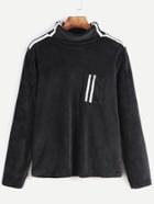 Shein Black Turtleneck Striped Trim Velvet T-shirt