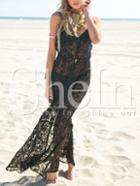 Shein Black Spaghetti Strap Crochet Lace Maxi Beach Dress