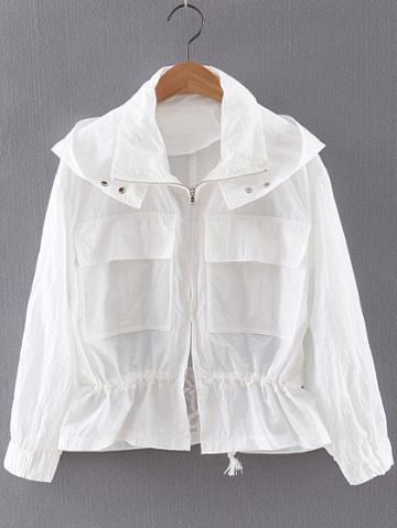 Shein White Long Sleeve Pockets Hooded Sunscreen Outerwear