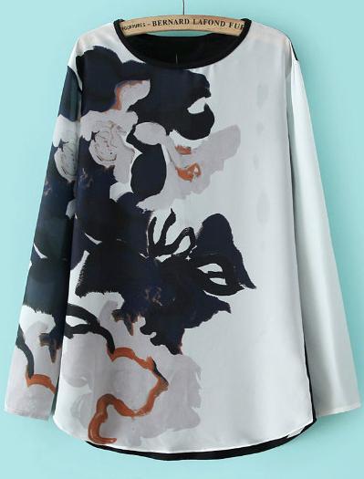 Shein Black White Long Sleeve Floral Loose T-shirt