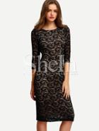 Shein Black Half Sleeve Sheath Lace Midi Dress