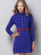 Shein Blue Lapel Long Sleeve Drawstring Print Dress