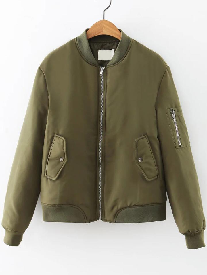 Shein Army Green Quilted Flight Jacket With Zipper