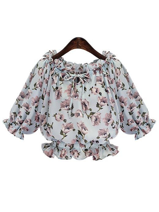 Shein Light Blue Tie Collar Floral Ruffle Blouse