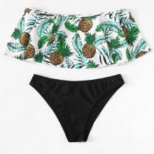 Shein Tropical Print Flounce Bardot Bikini Set