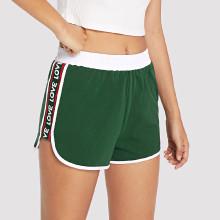 Shein Lettering Tape Side Curved Hem Shorts