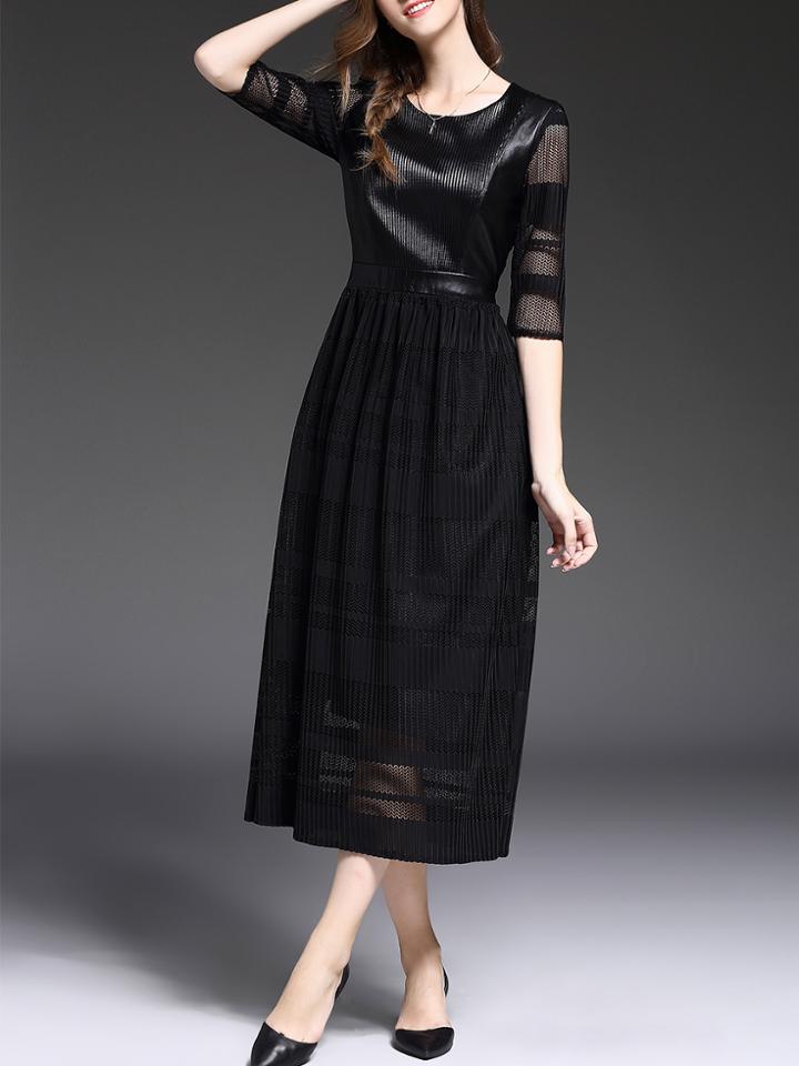 Shein Black Contrast Pu Pleated Mesh A-line Dress