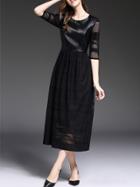 Shein Black Contrast Pu Pleated Mesh A-line Dress