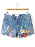 Shein Blue Patch Embroidery Denim Shorts