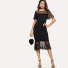 Shein Dot Sheer Mesh Panel Frill Pencil Dress