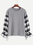 Shein Grey Contrast Plaid Sleeve Tie Cuff Knitwear