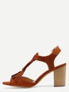 Shein Faux Suede Tasselled T-strap Block Heel Sandals - Camel