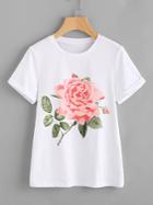 Shein Rose Print Cuffed T-shirt