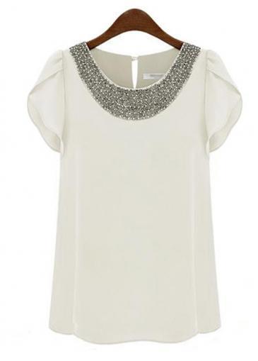 Rosewe Simple Petal Sleeve White Chiffon Tees With Fitting