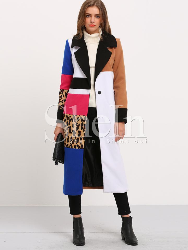 Shein Multicolor Long Sleeve Lapel Leopard Coat