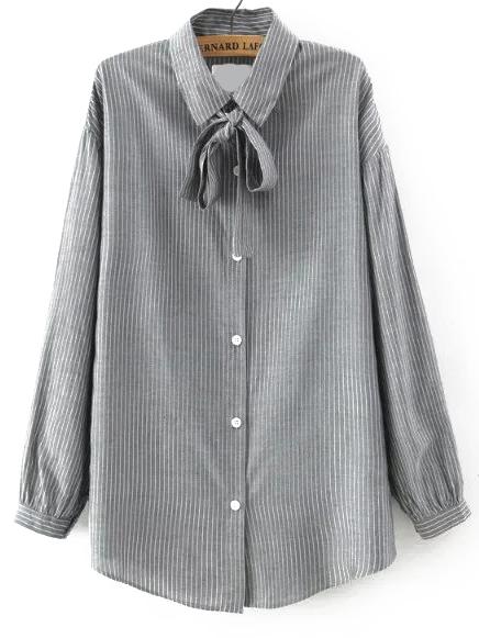 Shein Grey Tie Neck Vertical Stripe Blouse