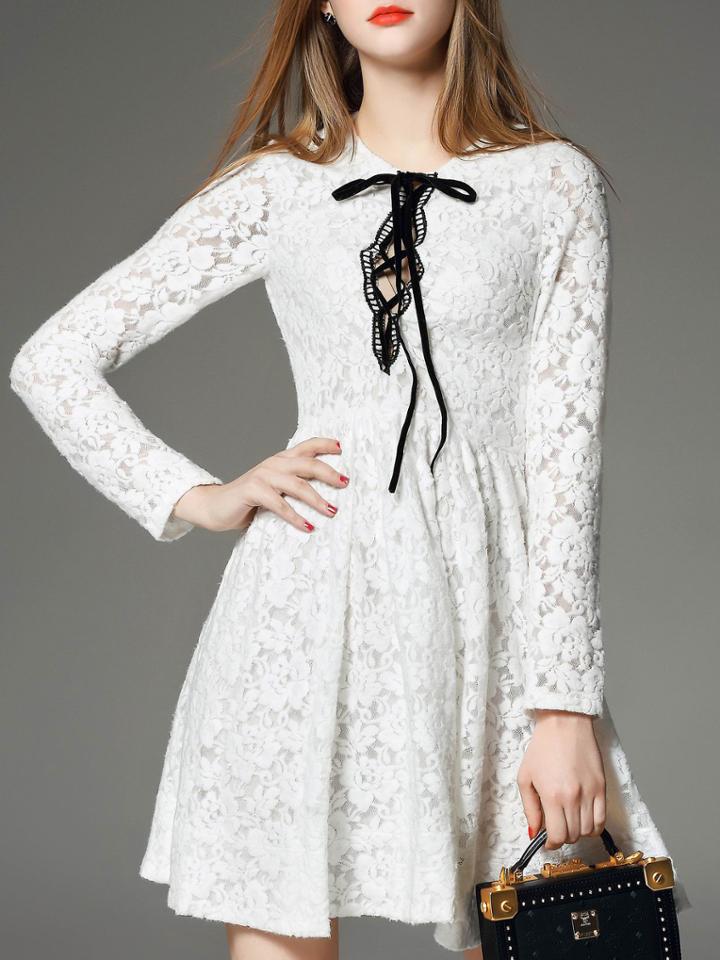 Shein White Tie Neck Pleated A-line Lace Dress
