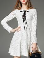 Shein White Tie Neck Pleated A-line Lace Dress