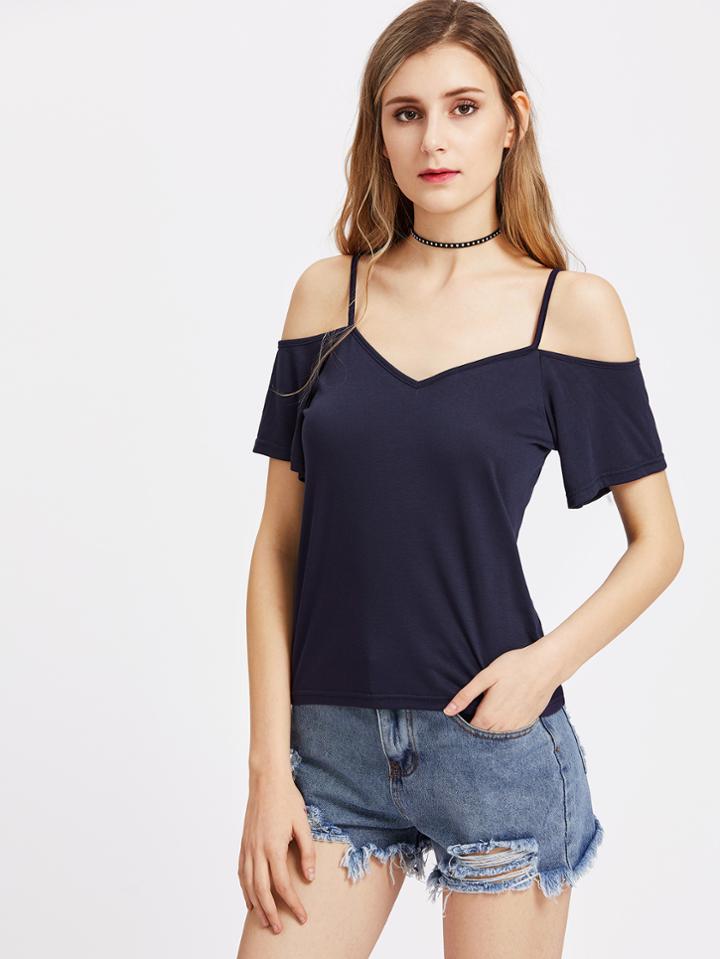 Shein Crisscross Back Binding Trim Cold Shoulder Tee