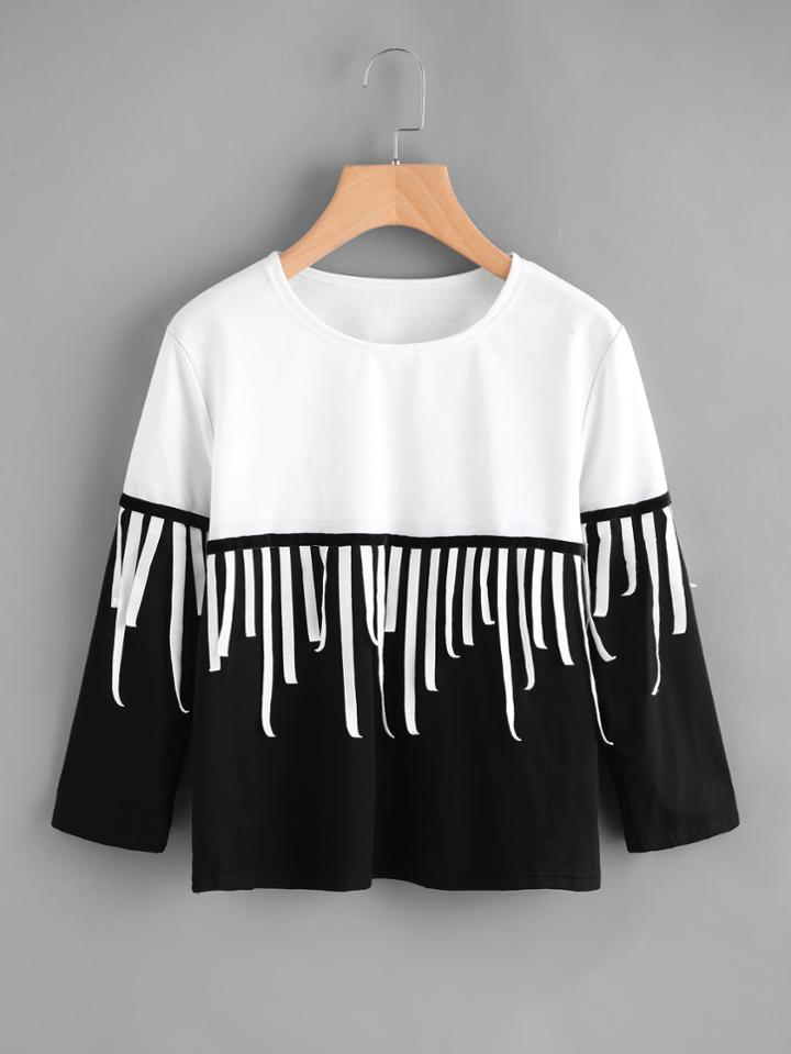 Shein Color Block Fringe Trim Tee