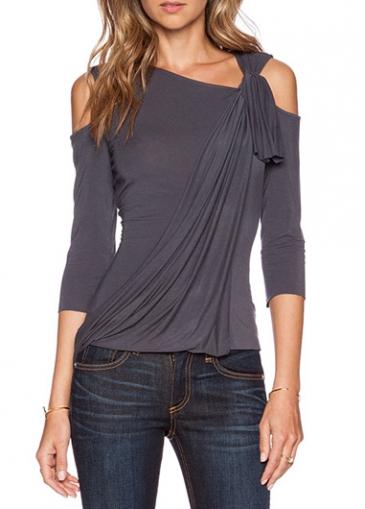 Rosewe Cutout Shoulder Skew Neck Black T Shirt
