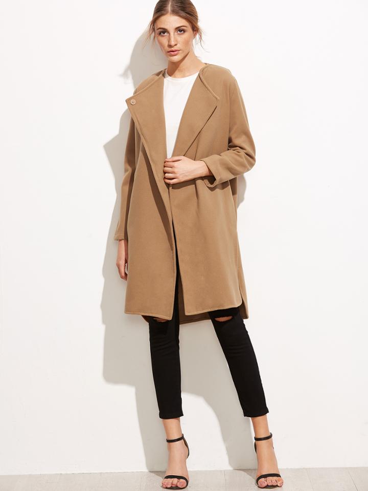 Shein Khaki Slit Side Curved Hem Coat