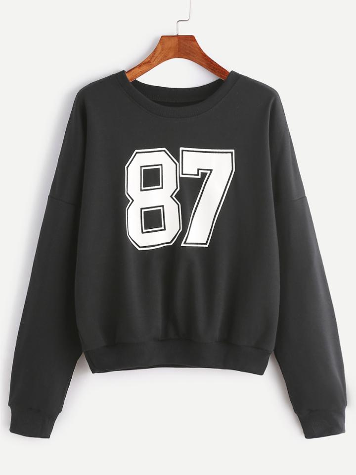 Shein Black Drop Shoulder Varsity Print Sweatshirt