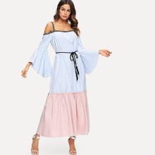 Shein Cold Shoulder Asymmetrical Cuff Colorblock Striped Dress