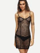 Shein Black Sexy Spaghetti Strap Sheer Lace Dress